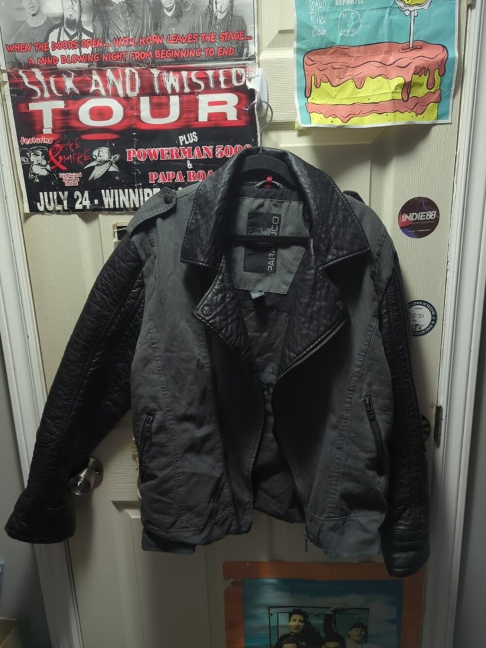 Parasuco Mens Biker Denim Jacket Faux Leather Sleeves Size XL Black Grey